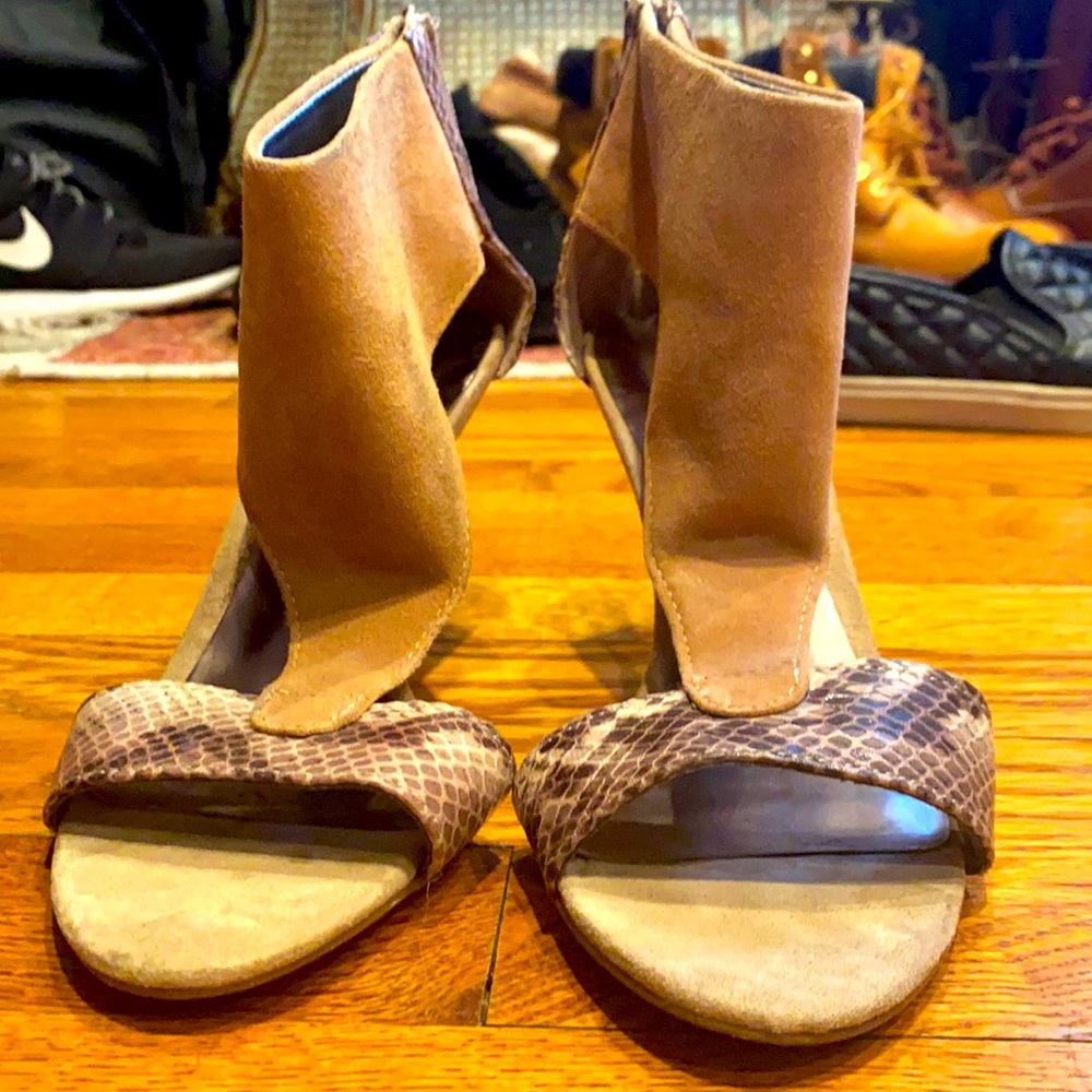 Suede sandals beige w/snake skin detail and wood spike heel.